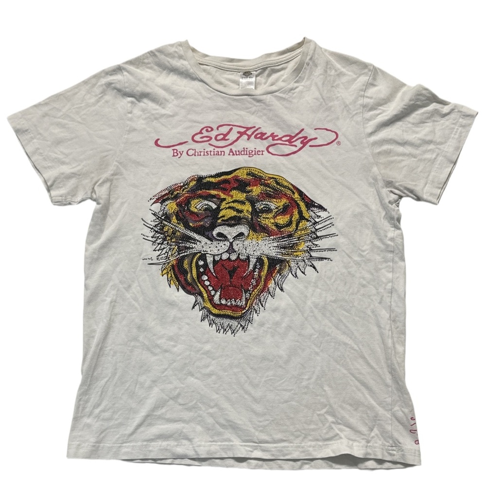 Y2K ED HARDY men's white graphic rhinestone tiger tee, XL.